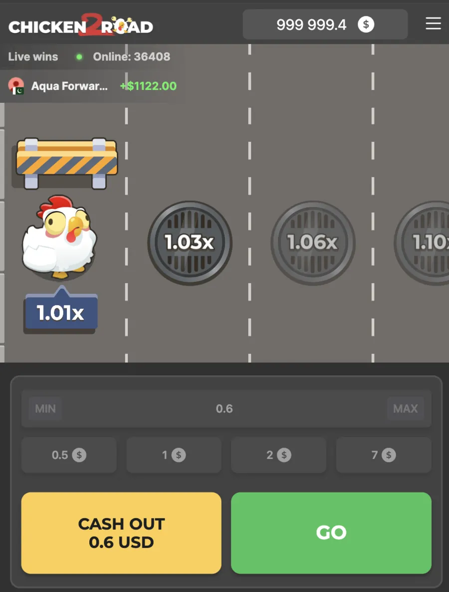 Chicken Road gameplay showing chicken dodging between two approaching cars on traffic lanes with multiplier eggs